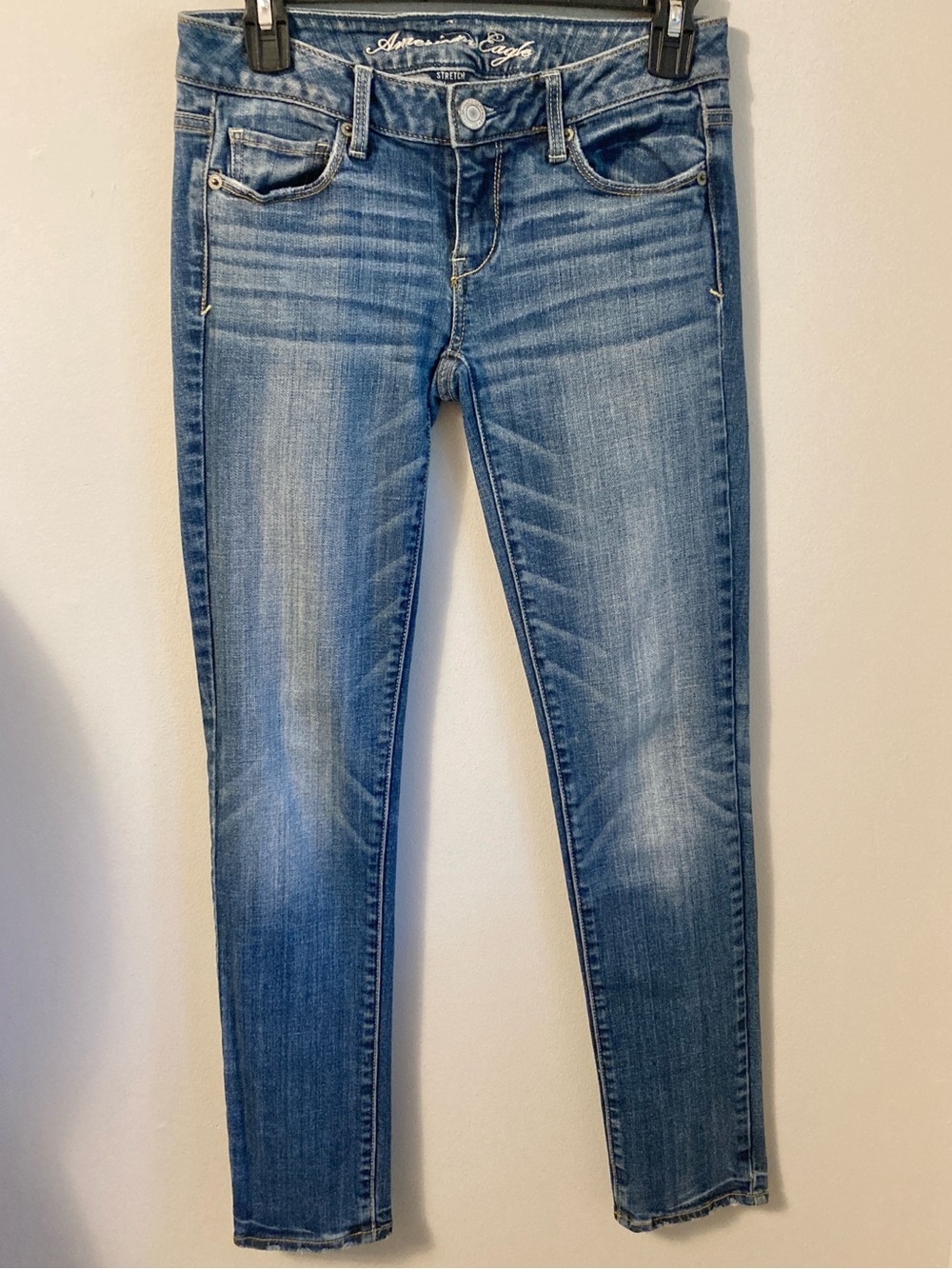 American Eagle Stretch Skinny Jeans Denim Medium Wash Low Rise Whiskering 7947